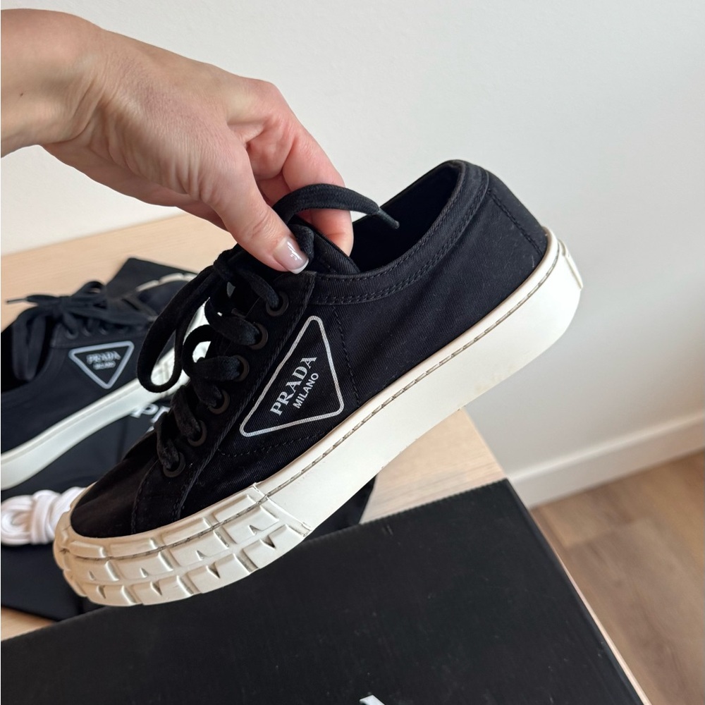 Prada Black Canvas Sneakers with White Sole - Picture 7 of 9